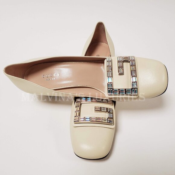 GUCCI SHOES MADELYN PUMPS CRYSTAL G BUCKLE LEATHER sz IT 37.5 US 7.5 - Picture 3 of 12